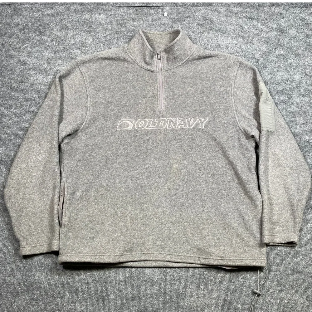 Old Navy‎ Mens Large Quarter Zip Fleece Pullover Heather Grey Logo Sleeve Pocket